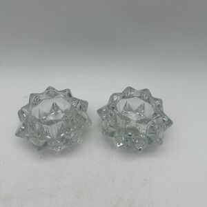 Vintage Tea Light Candle Holder  Clear Cut Glass Heavy Geometric Star Shape